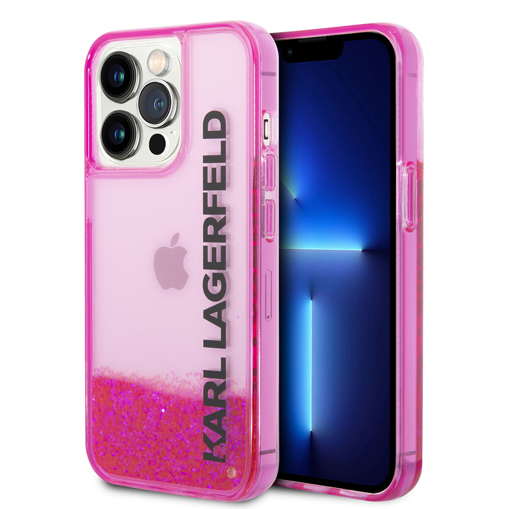 Funda para Apple iPhone 14 Pro, Karl Lagerfeld, Liquid Glitter KL Logo, Rosa