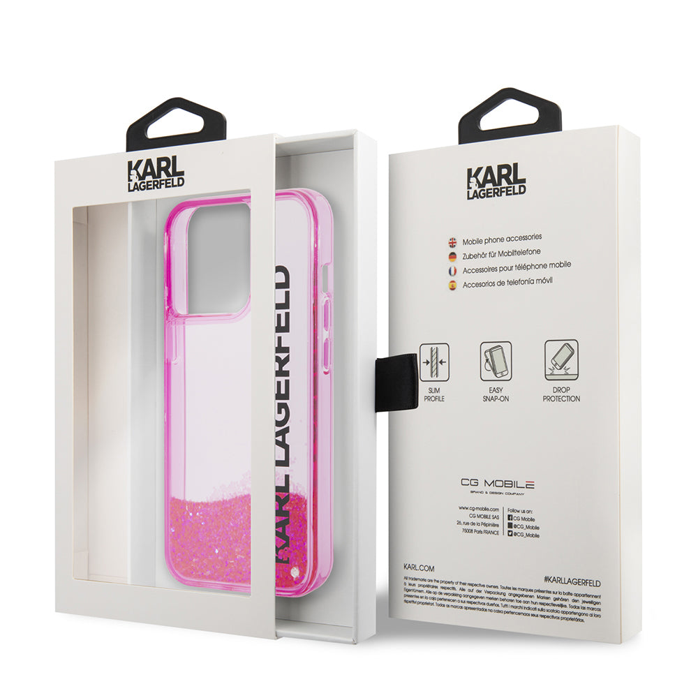 Funda para Apple iPhone 14 Pro, Karl Lagerfeld, Liquid Glitter KL Logo, Rosa