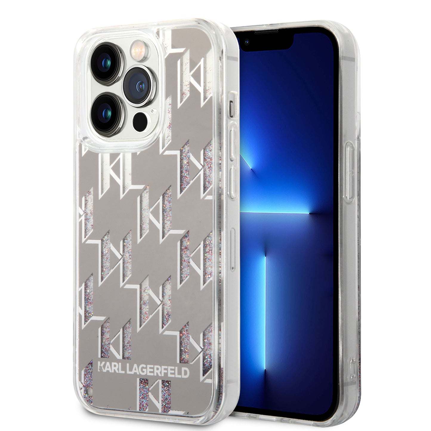 Funda para Apple iPhone 14 Pro, Karl Lagerfeld, Liquid Glitter Monogram, Plateada.