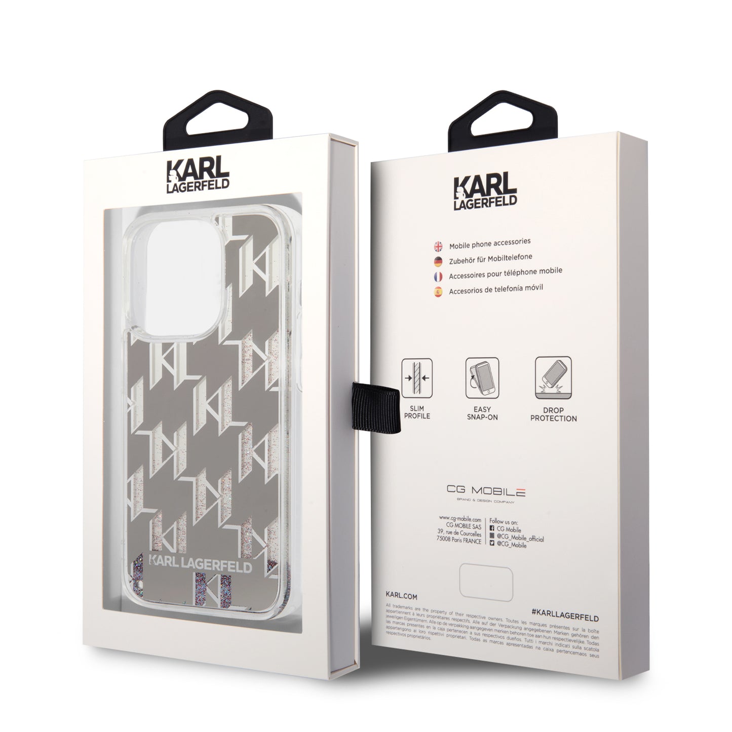 Funda para Apple iPhone 14 Pro, Karl Lagerfeld, Liquid Glitter Monogram, Plateada.