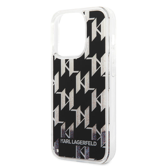 Funda para Apple iPhone 14 Pro, Karl Lagerfeld, Liquid Glitter Monogram, Negra.
