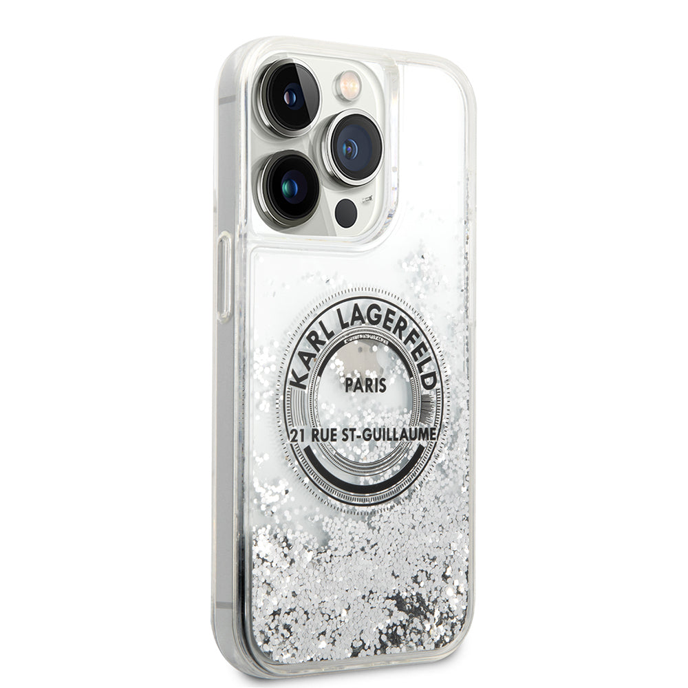Funda para Apple iPhone 14 Pro, Karl Lagerfeld, Liquid Glitter RSG, Plateada