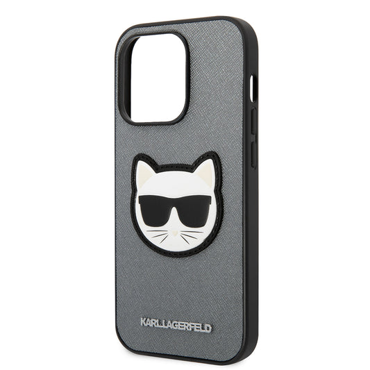 Funda para Apple iPhone 14 Pro, Karl Lagerfeld, Saffiano Choupette's Head, Plateada.
