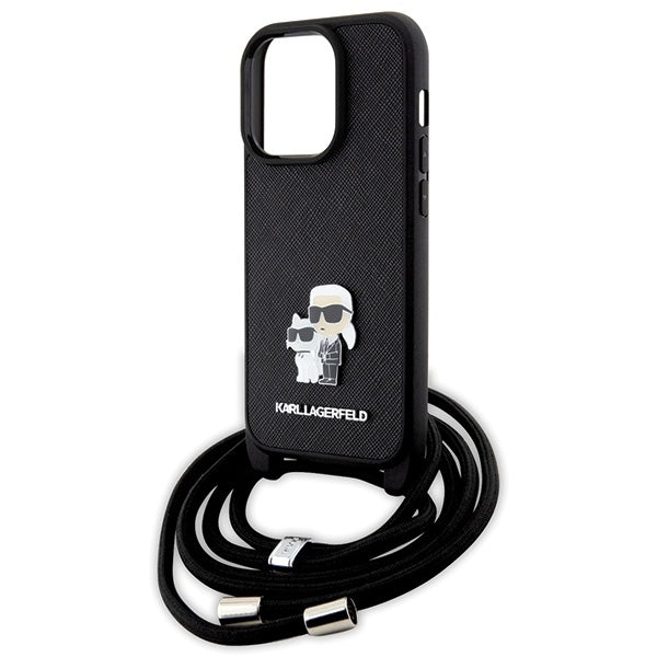 Case for Apple iPhone 14 Pro, Karl Lagerfeld, Saffiano Crossbody Metal Pin Karl & Choupette, Black