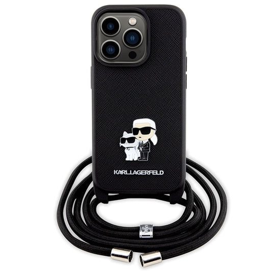 Funda para Apple iPhone 14 Pro, Karl Lagerfeld, Saffiano Crossbody Metal Pin Karl & Choupette, Negra.