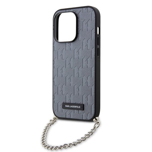 Funda para Apple iPhone 14 Pro, Karl Lagerfeld, Saffiano Monogram Chain, Plateada