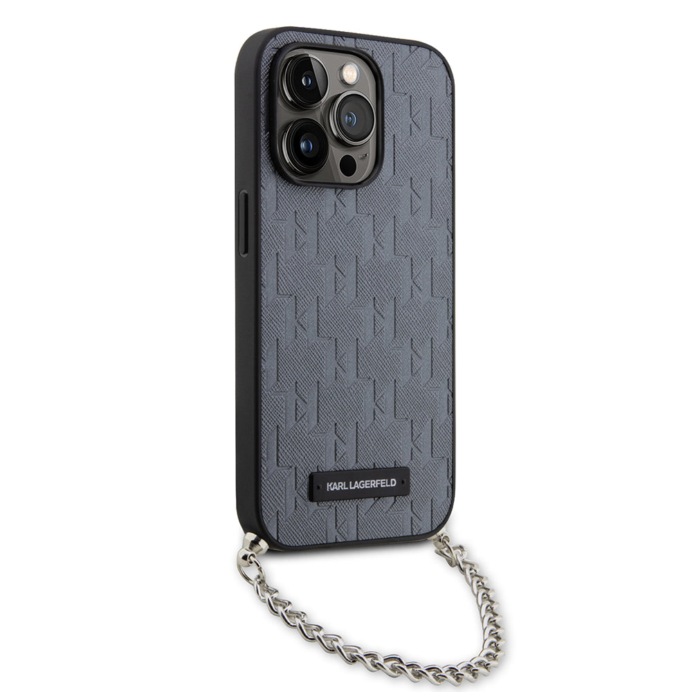 Funda para Apple iPhone 14 Pro, Karl Lagerfeld, Saffiano Monogram Chain, Plateada