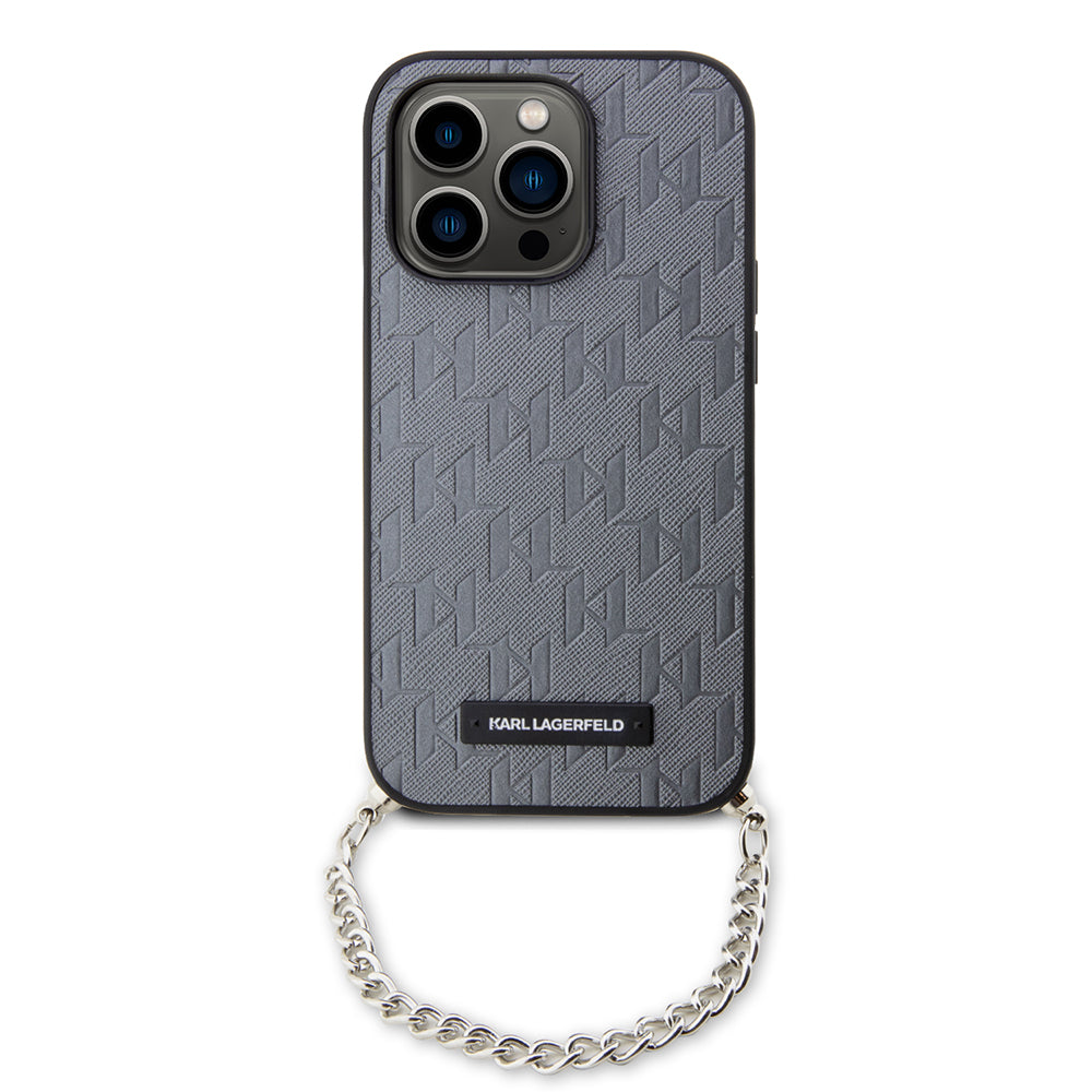 Funda para Apple iPhone 14 Pro, Karl Lagerfeld, Saffiano Monogram Chain, Plateada