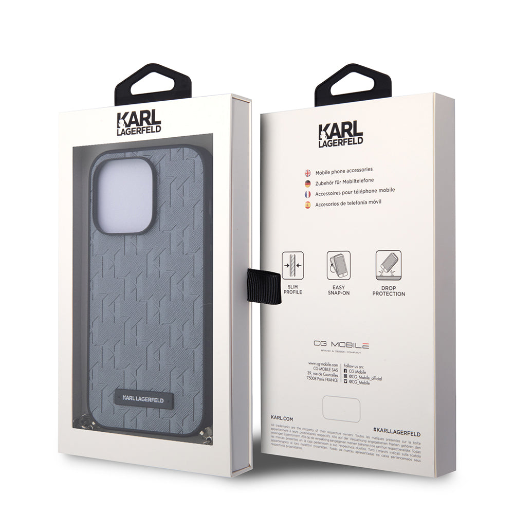 Funda para Apple iPhone 14 Pro, Karl Lagerfeld, Saffiano Monogram Chain, Plateada
