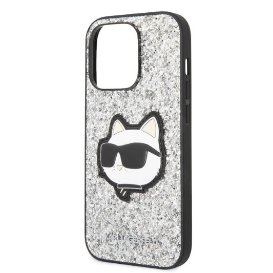 Funda para Apple iPhone 14 Pro Max, Karl Lagerfeld, Glitter Choupette Patch, Plateada.