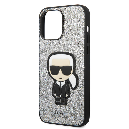 Funda para Apple iPhone 14 Pro Max, Karl Lagerfeld, Glitter Flakes Ikonik Karl, Plateada.