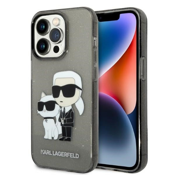Funda para Apple iPhone 14 Pro Max, Karl Lagerfeld, Glitter Karl & Choupette, Negra