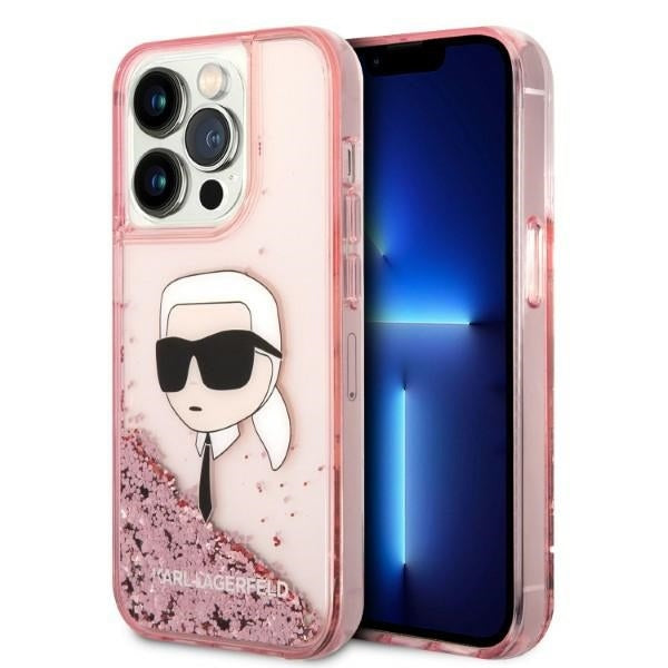 Funda para Apple iPhone 14 Pro Max, Karl Lagerfeld, Glitter Karl's Head, Rosa.