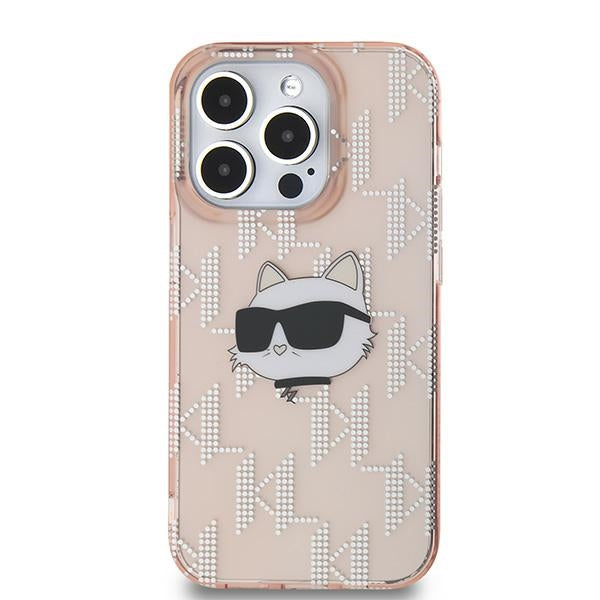Funda para Apple iPhone 14 Pro Max, Karl Lagerfeld, IML Luxury Monogram Choupette's Head, Rosa