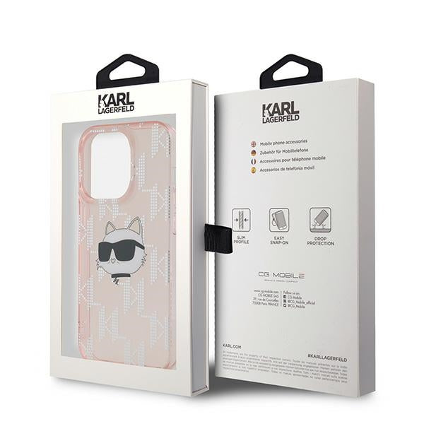 Funda para Apple iPhone 14 Pro Max, Karl Lagerfeld, IML Luxury Monogram Choupette's Head, Rosa