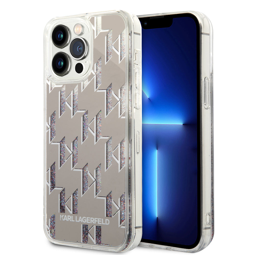 Funda para Apple iPhone 14 Pro Max, Karl Lagerfeld, Monograma de Purpurina Líquida, Plateada.