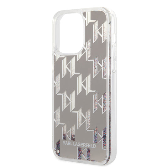 Funda para Apple iPhone 14 Pro Max, Karl Lagerfeld, Monograma de Purpurina Líquida, Plateada.