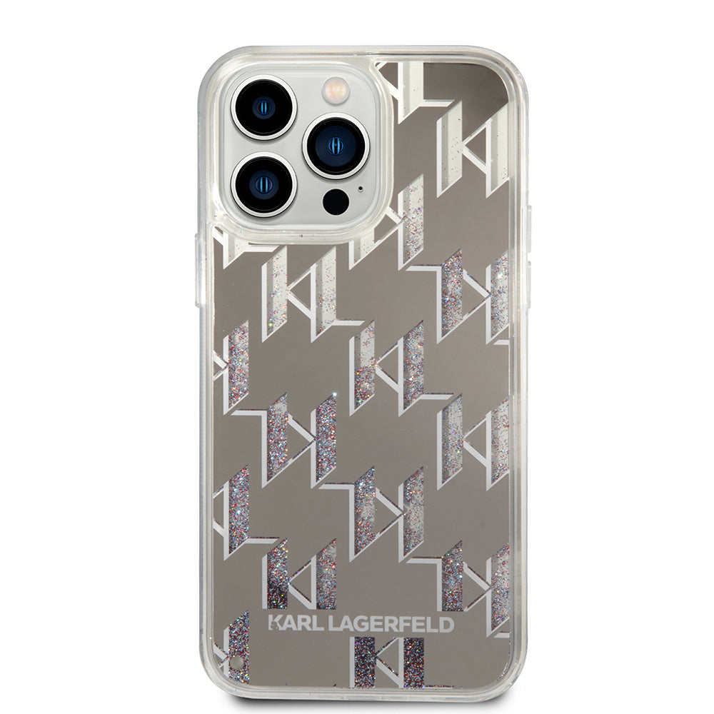 Funda para Apple iPhone 14 Pro Max, Karl Lagerfeld, Monograma de Purpurina Líquida, Plateada.