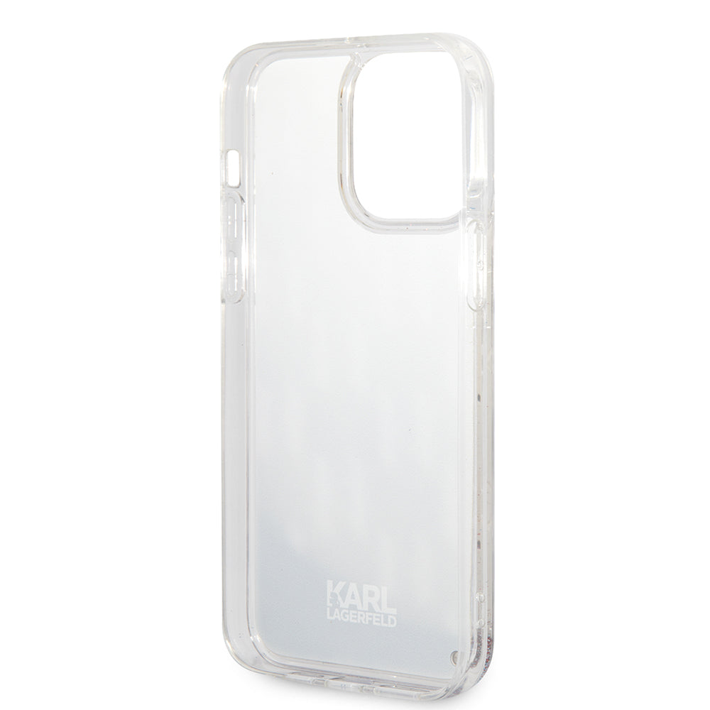 Funda para Apple iPhone 14 Pro Max, Karl Lagerfeld, Monograma de Purpurina Líquida, Plateada.