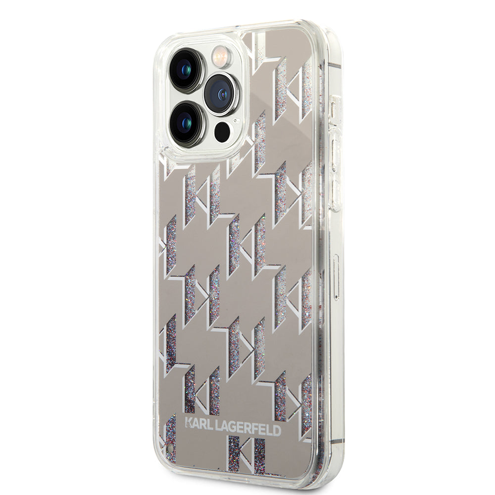 Funda para Apple iPhone 14 Pro Max, Karl Lagerfeld, Monograma de Purpurina Líquida, Plateada.