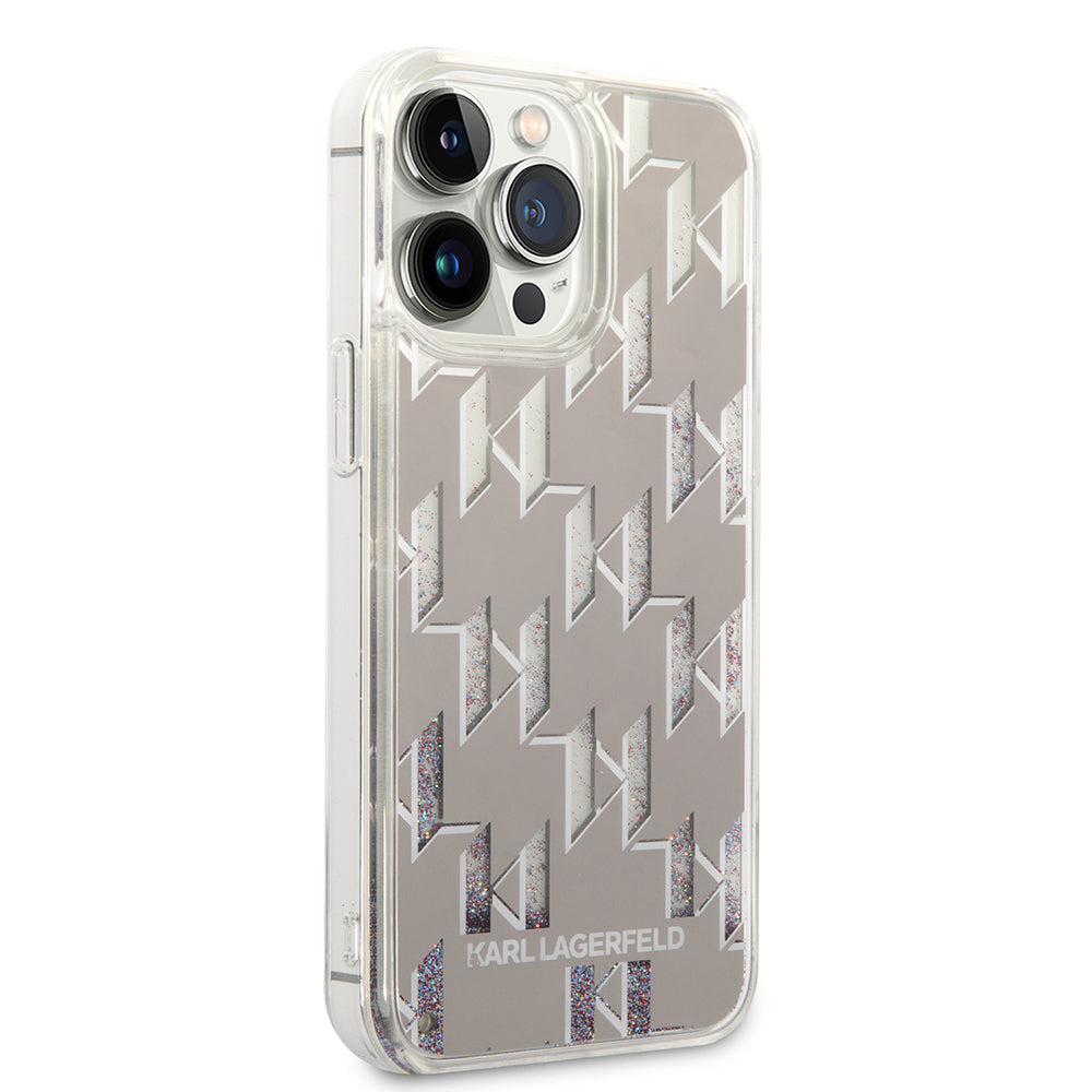 Funda para Apple iPhone 14 Pro Max, Karl Lagerfeld, Monograma de Purpurina Líquida, Plateada.