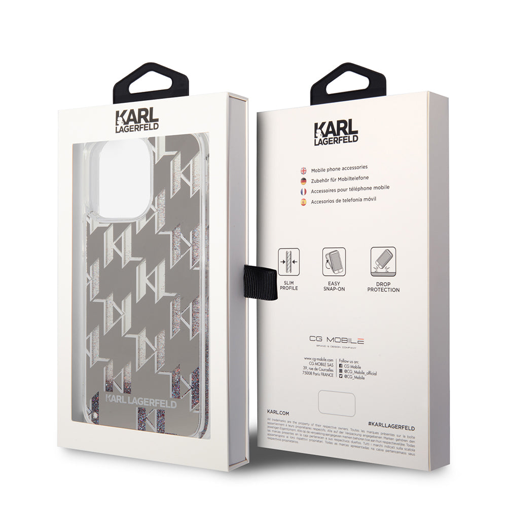 Funda para Apple iPhone 14 Pro Max, Karl Lagerfeld, Monograma de Purpurina Líquida, Plateada.
