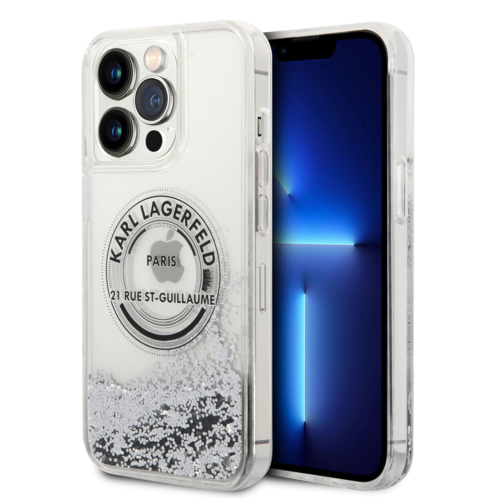 Funda para Apple iPhone 14 Pro Max, Karl Lagerfeld, Liquid Glitter RSG, Plateada.
