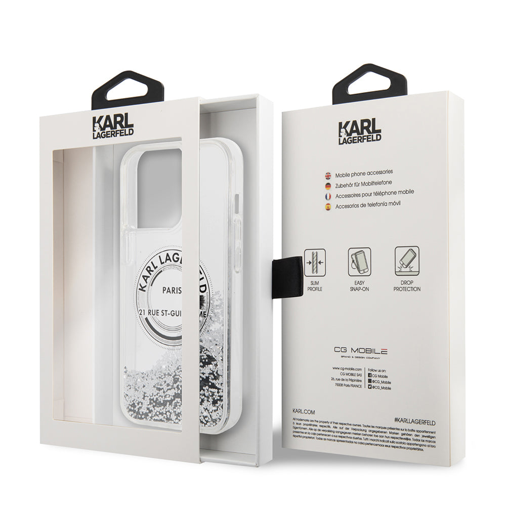 Funda para Apple iPhone 14 Pro Max, Karl Lagerfeld, Liquid Glitter RSG, Plateada.