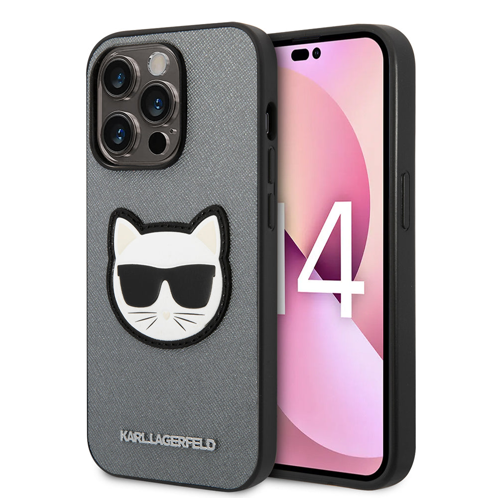 Funda para Apple iPhone 14 Pro Max, Karl Lagerfeld, Saffiano Choupette's Head, Plateada.