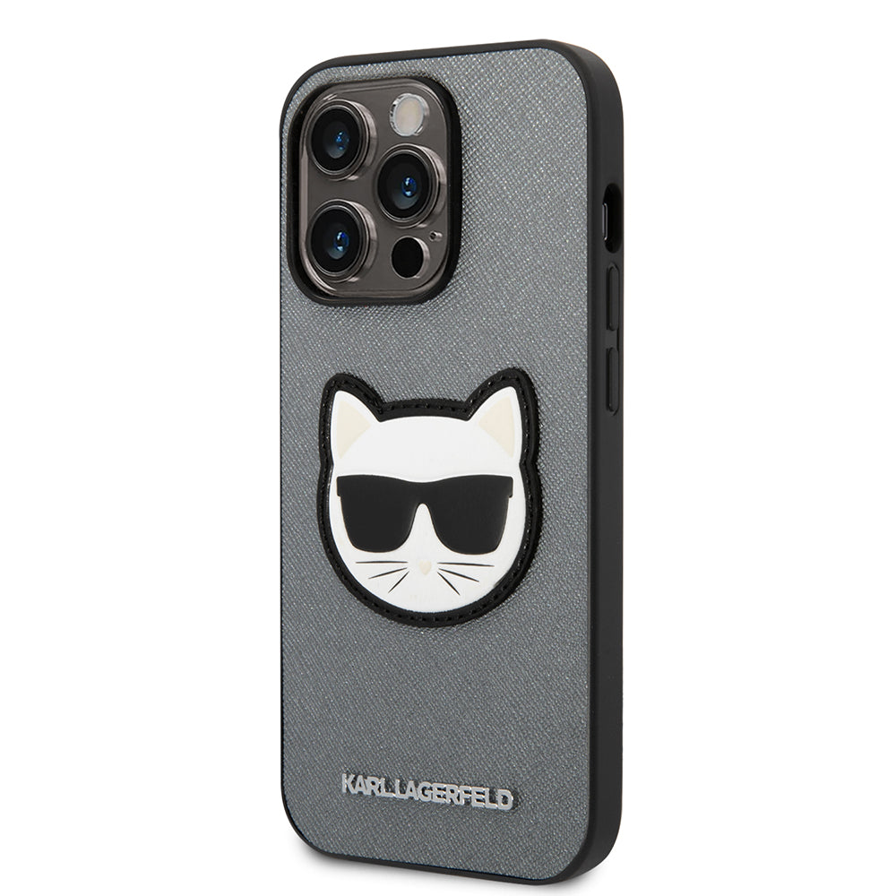 Funda para Apple iPhone 14 Pro Max, Karl Lagerfeld, Saffiano Choupette's Head, Plateada.
