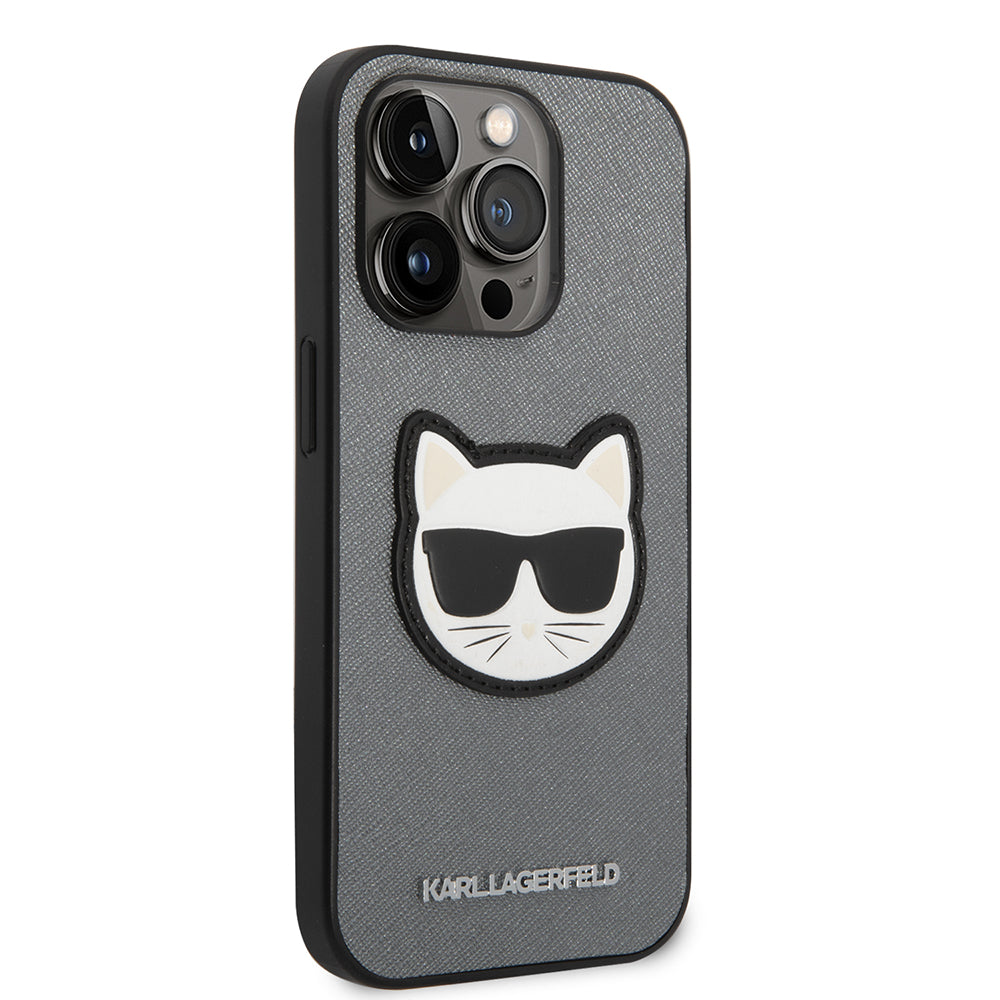 Funda para Apple iPhone 14 Pro Max, Karl Lagerfeld, Saffiano Choupette's Head, Plateada.