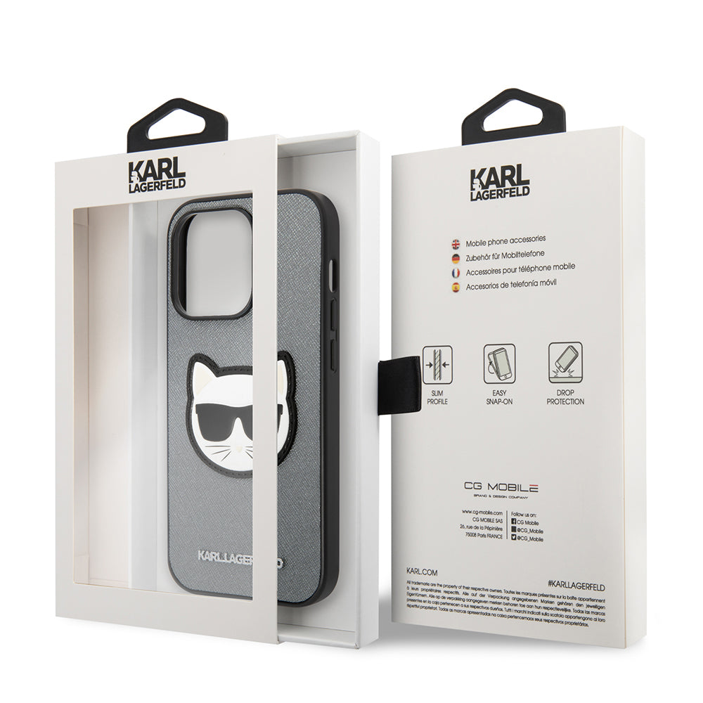Funda para Apple iPhone 14 Pro Max, Karl Lagerfeld, Saffiano Choupette's Head, Plateada.