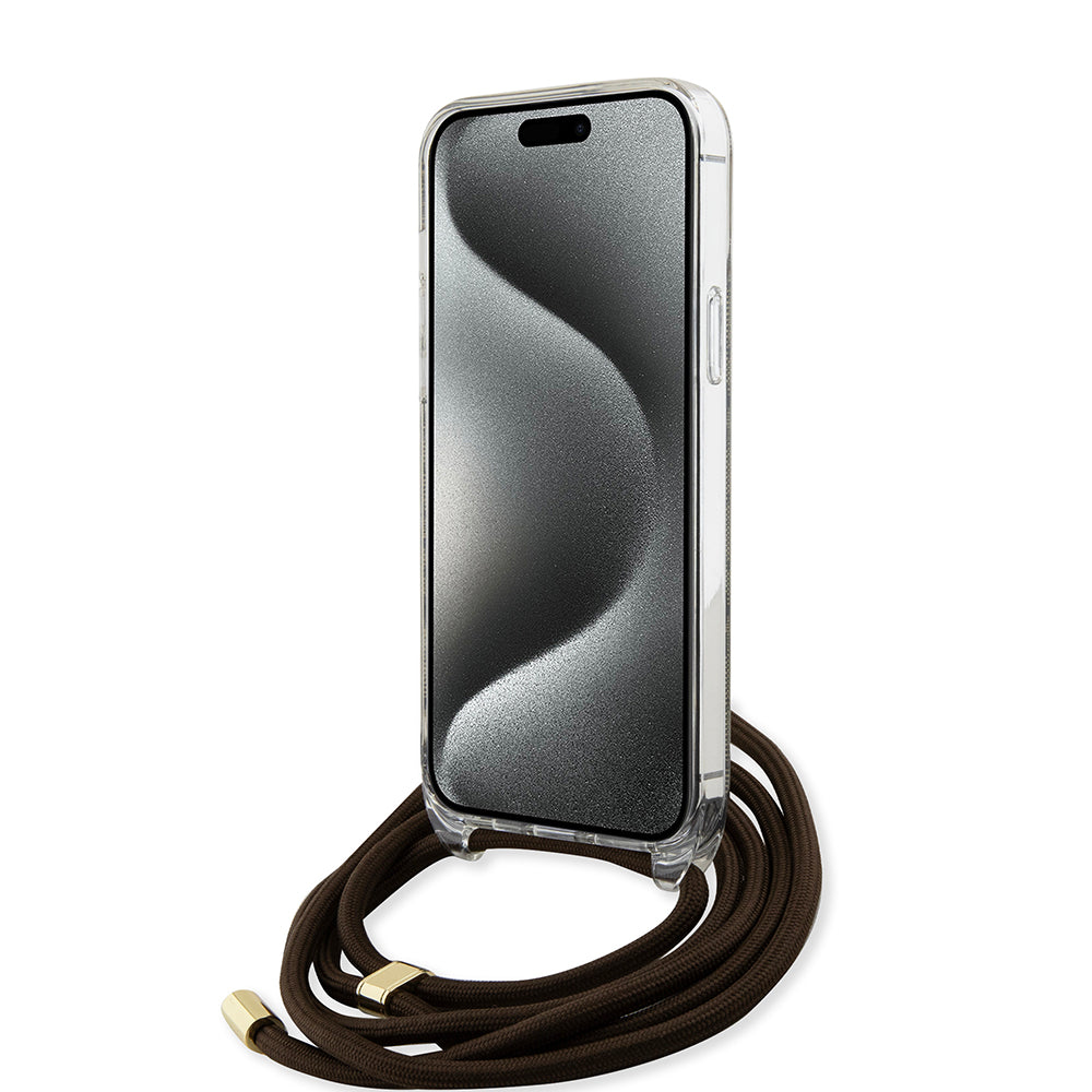Funda para Apple iPhone 15, Guess, 4G IML Printed Crossbody, Marrón.