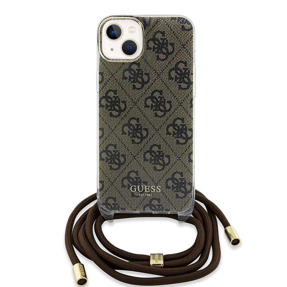 Funda para Apple iPhone 15, Guess, 4G IML Printed Crossbody, Marrón.
