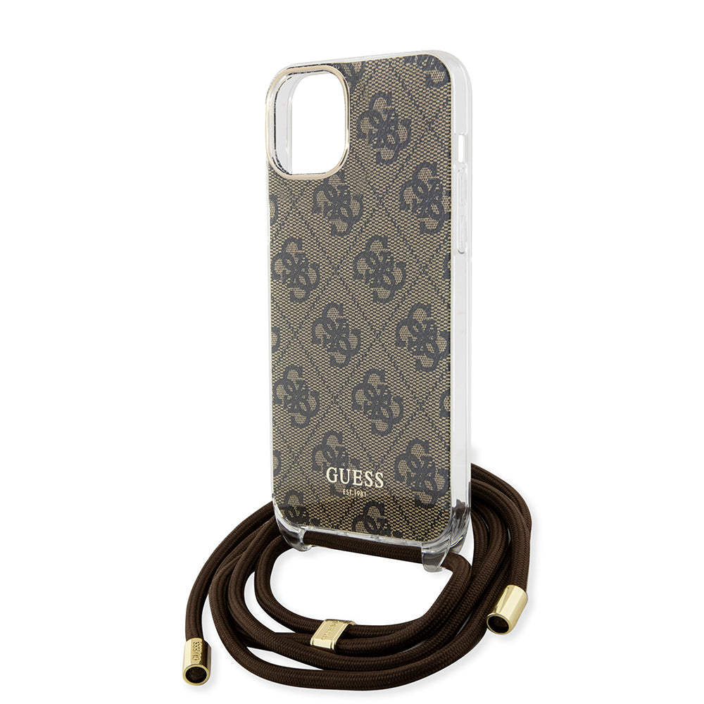 Funda para Apple iPhone 15, Guess, 4G IML Printed Crossbody, Marrón.