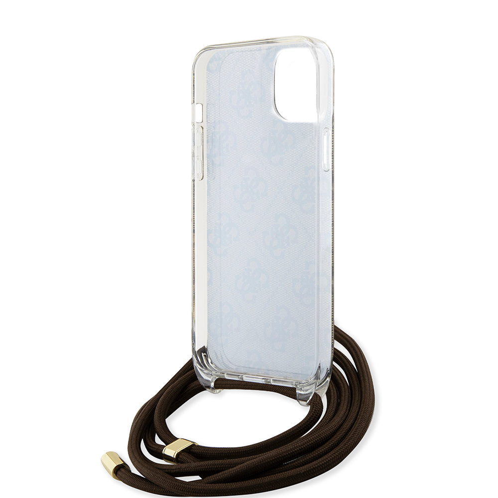 Funda para Apple iPhone 15, Guess, 4G IML Printed Crossbody, Marrón.