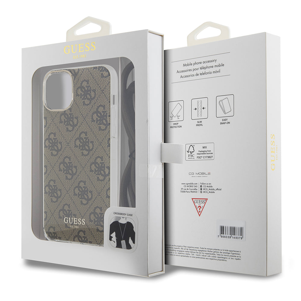 Funda para Apple iPhone 15, Guess, 4G IML Printed Crossbody, Marrón.