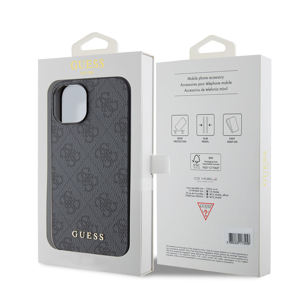 Funda para Apple iPhone 15, Guess, 4G Metal Gold Logo, Gris