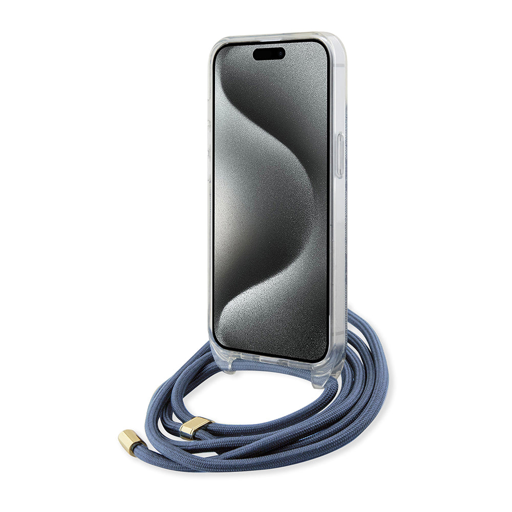 Funda para Apple iPhone 15, Guess, Crossbody Cord 4G Print, Azul