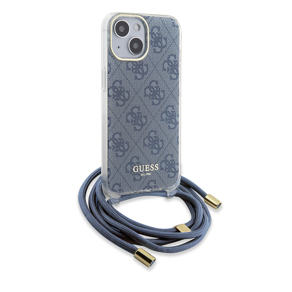 Funda para Apple iPhone 15, Guess, Crossbody Cord 4G Print, Azul