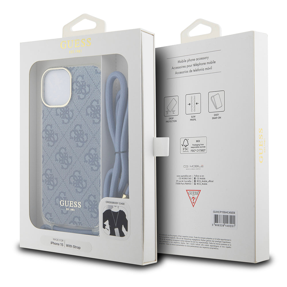 Funda para Apple iPhone 15, Guess, Crossbody Cord 4G Print, Azul