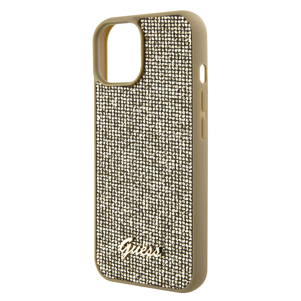 Funda para Apple iPhone 15, Guess, Disco Metal Script, Dorada