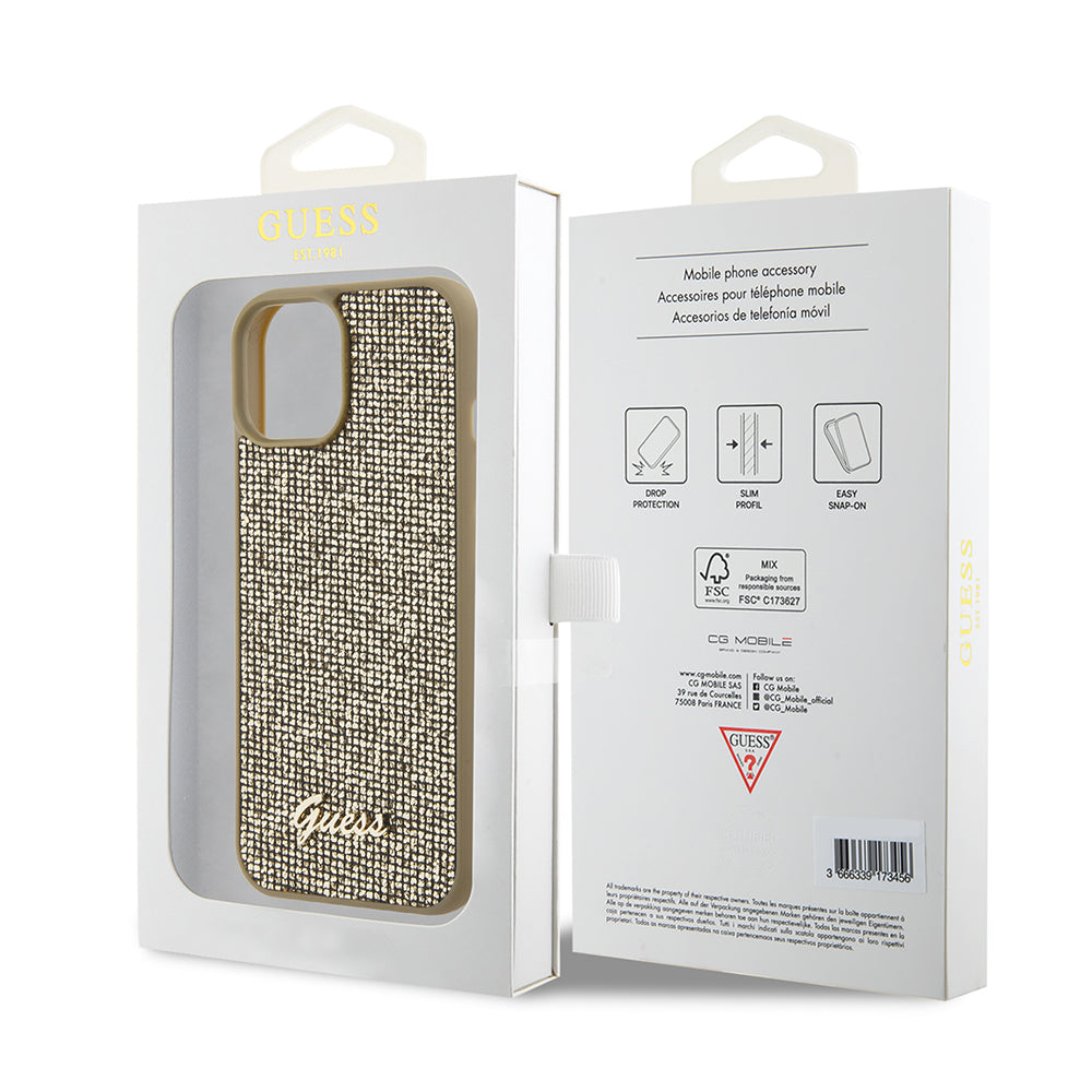 Funda para Apple iPhone 15, Guess, Disco Metal Script, Dorada