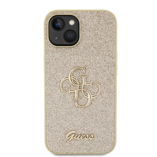 Funda para Apple iPhone 15, Guess, Glitter Big 4G Script, Dorada