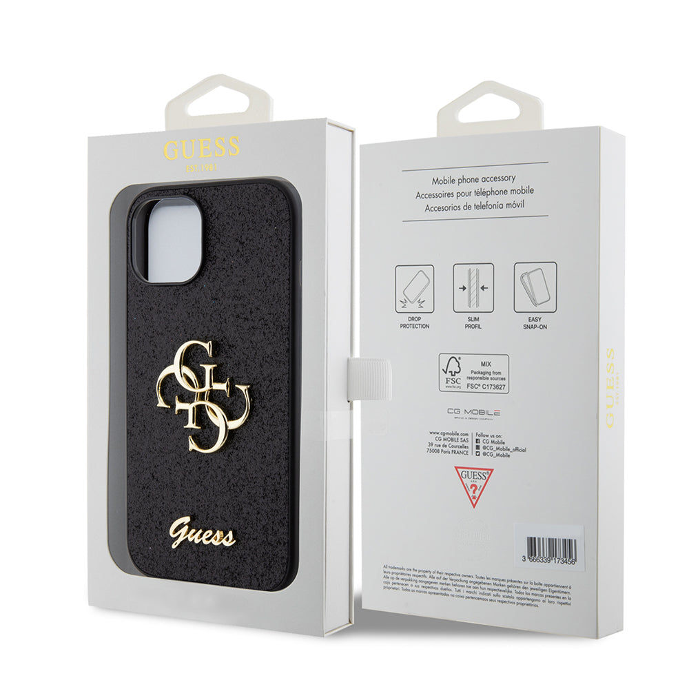 Funda para Apple iPhone 15, Guess, Glitter Big 4G Script, Negra