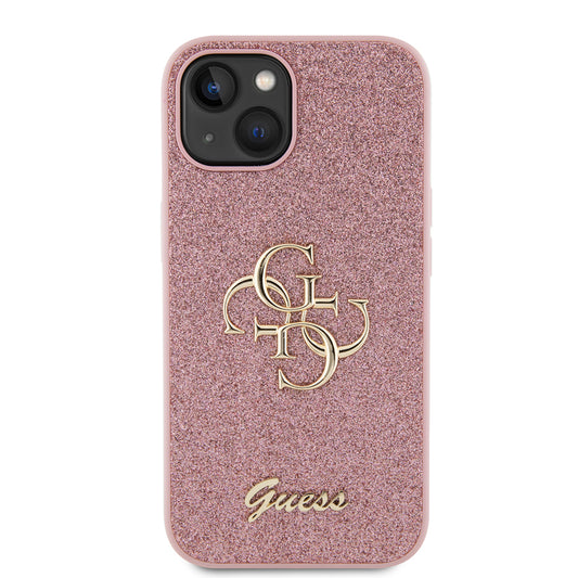 Funda para Apple iPhone 15, Guess, Glitter Big 4G Script, Rosa