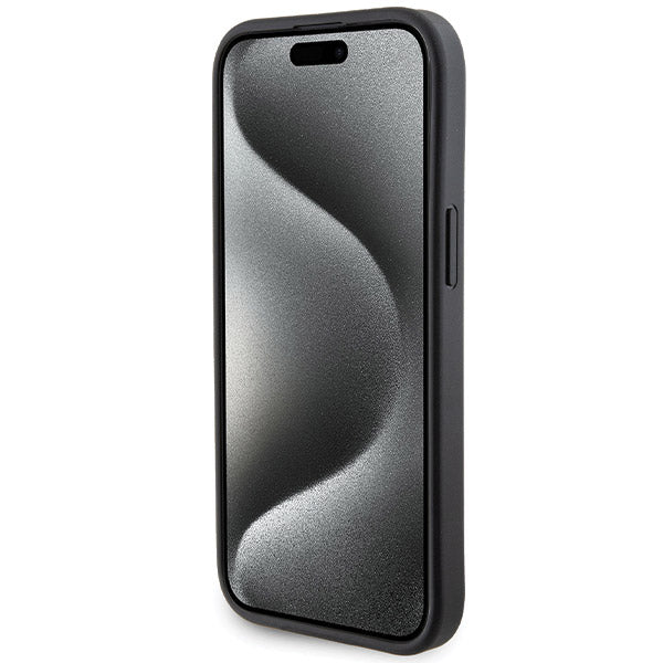 Funda para Apple iPhone 15, Guess, Grip Stand 4G Saffiano Strass, Negra