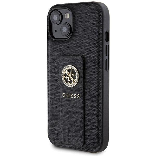 Funda para Apple iPhone 15, Guess, Grip Stand 4G Saffiano Strass, Negra