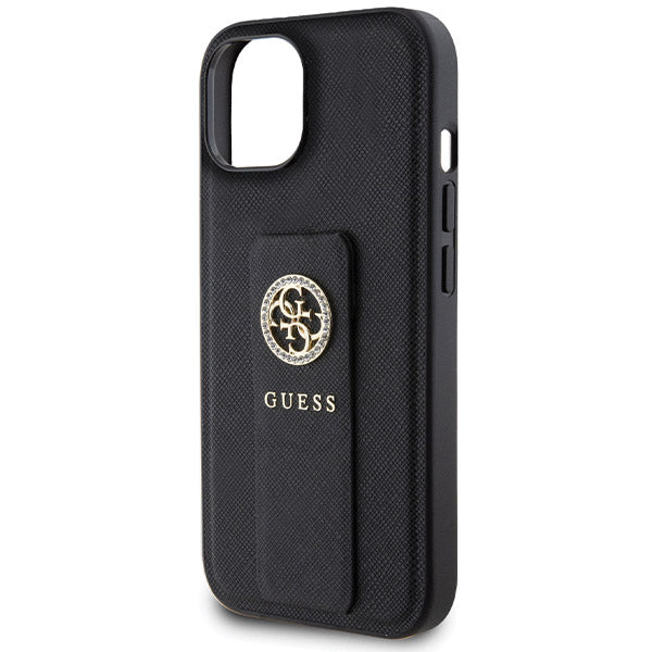 Funda para Apple iPhone 15, Guess, Grip Stand 4G Saffiano Strass, Negra