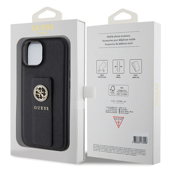 Funda para Apple iPhone 15, Guess, Grip Stand 4G Saffiano Strass, Negra